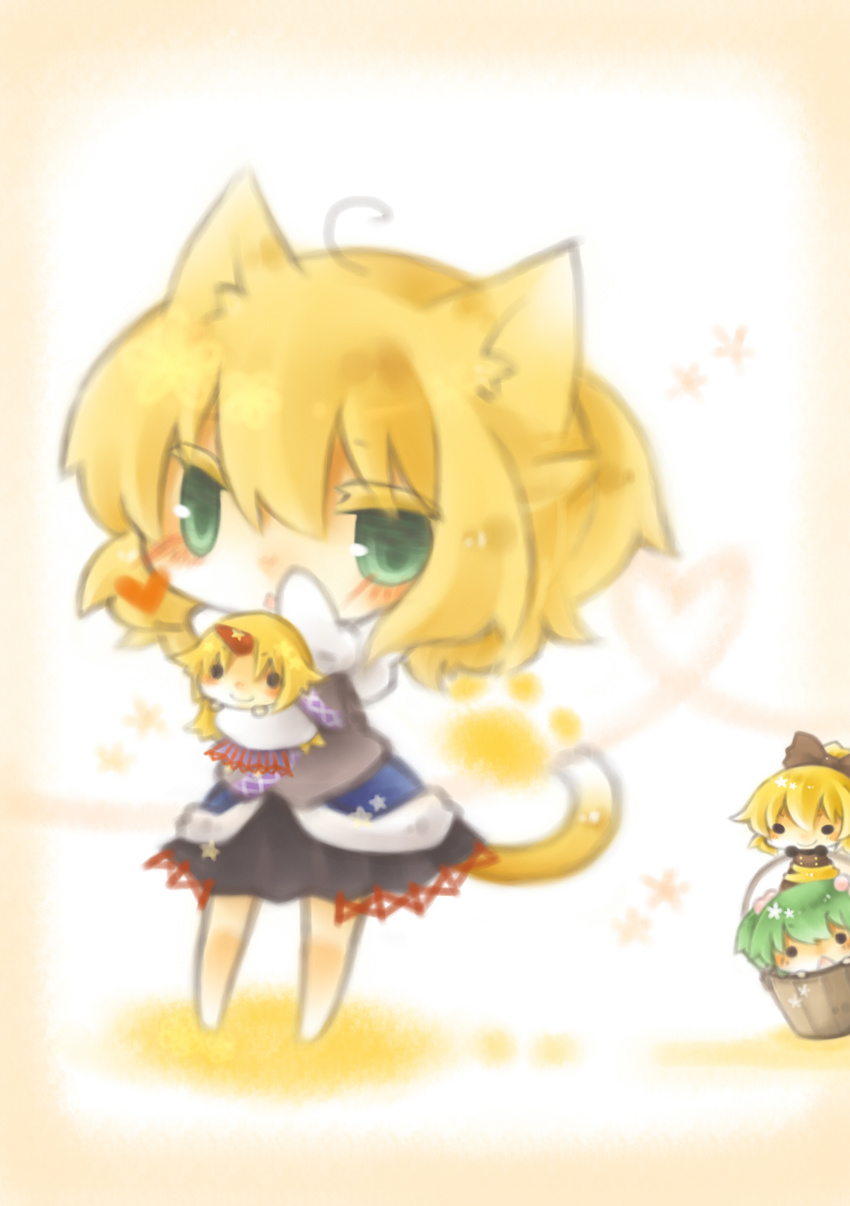 absurdres animal_ears blonde_hair blush bucket cat_ears cat_tail chibi flower green_eyes heart highres horn hoshiguma_yuugi hug kisume kurodani_yamame long_hair minigirl mizuhashi_parsee multiple_girls open_mouth paws ponytail short_hair smile solid_circle_eyes tail touhou twintails wooden_bucket yasiro yellow_background