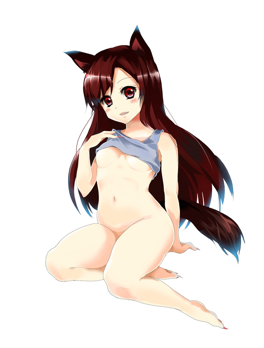 animal_ears bare_legs barefoot blush bottomless breasts brown_hair fang fingernails full_body highres imaizumi_kagerou long_hair navel open_mouth red_eyes shirt_lift simple_background small_breasts smile solo tail takakura_shioto touhou white_background wolf_ears wolf_tail