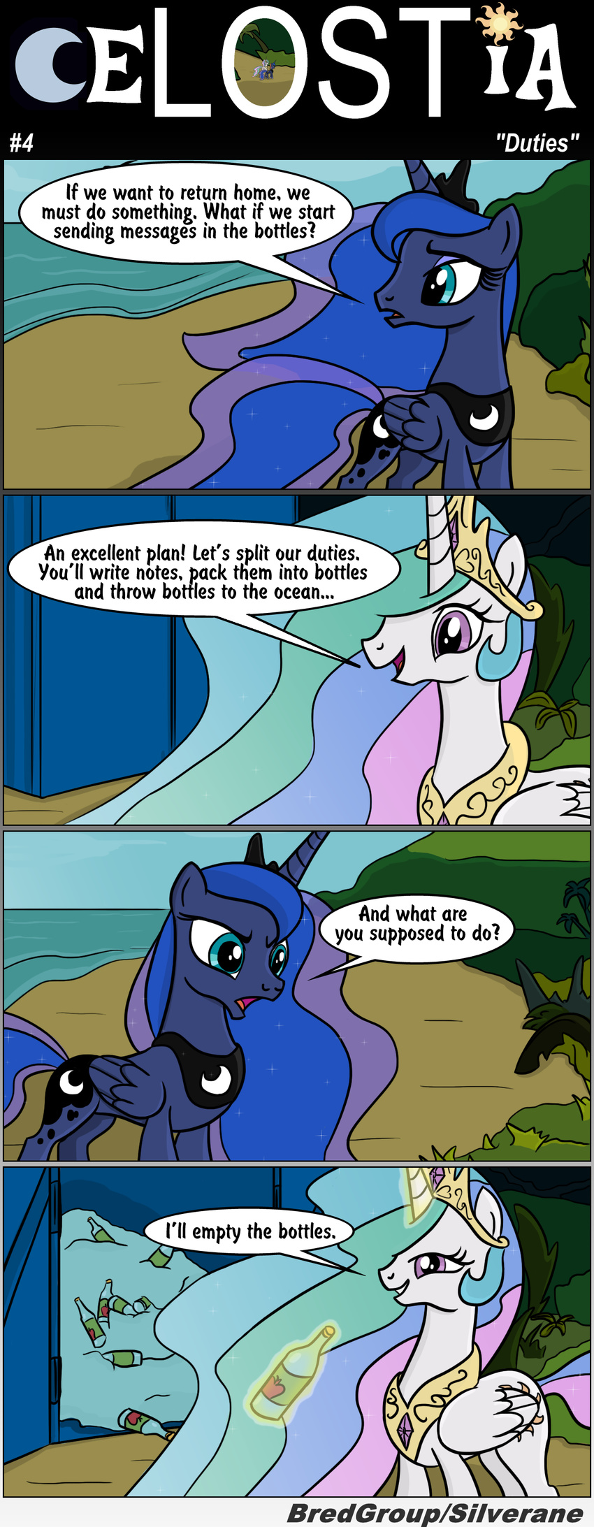 beach blue_fur blue_hair bottle bredgroup comic crossover crown cutie_mark english_text equine female feral friendship_is_magic fur hair horn horse long_hair magic mammal multi-colored_hair my_little_pony pony princess_celestia_(mlp) princess_luna_(mlp) purple_eyes royalty seaside silverane text winged_unicorn wings