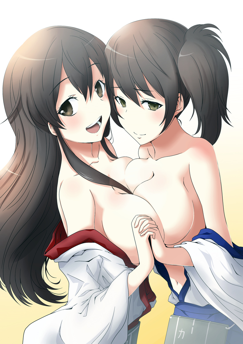 absurdres akagi_(kantai_collection) black_eyes black_hair blush breast_press breasts highres holding_hands interlocked_fingers japanese_clothes kaga_(kantai_collection) kantai_collection large_breasts long_hair looking_at_viewer md5_mismatch multiple_girls nekota_susumu open_mouth short_hair side_ponytail smile symmetrical_docking transparent_background yellow_background