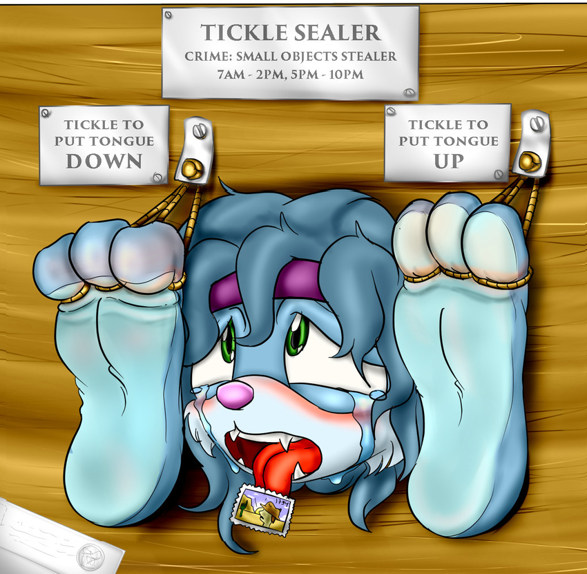 3_toes anthro bdsm blue_fur blue_hair blush bondage bound crying female fireclub fur green_eyes hair hairband hindpaw letter licking mirabelle open_mouth paws punishment scared seraphon soles stamp stocks thief tickling toes toes_tied tongue