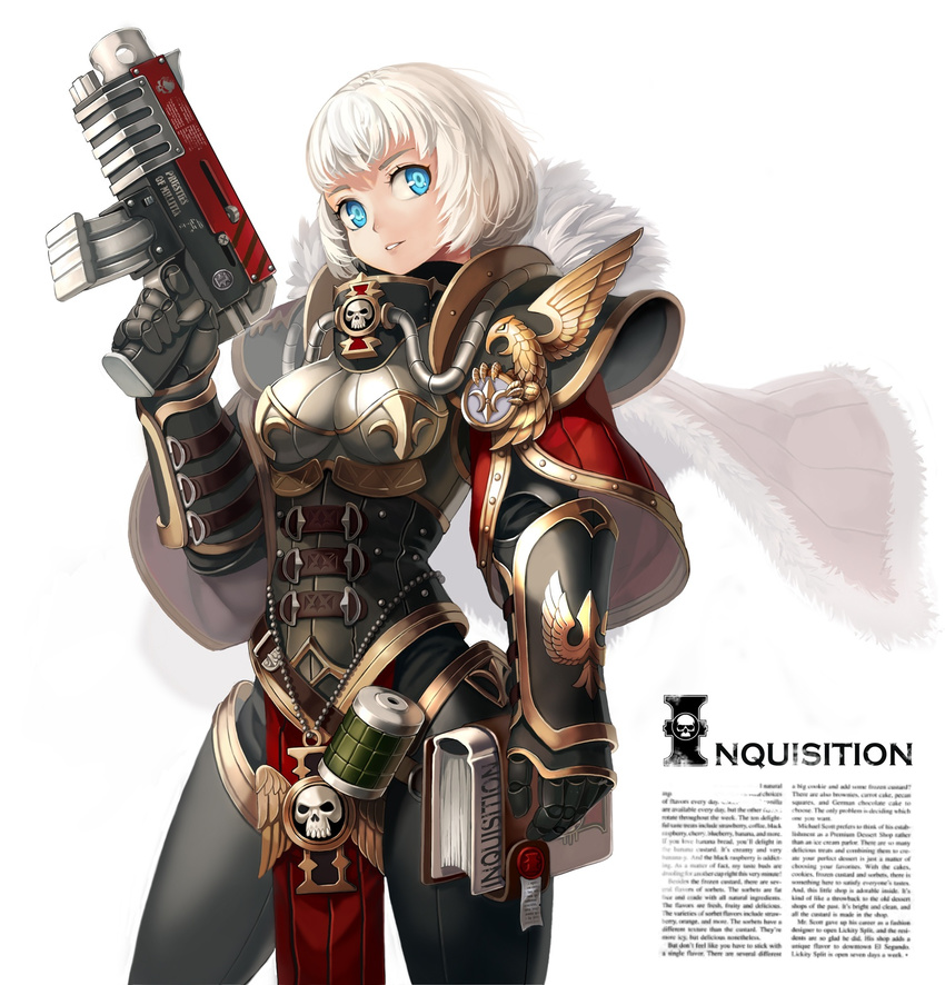 adepta_sororitas armor banned_artist belt bird blue_eyes bolter book chain cloak eagle explosive fleur_de_lis fur_trim gauntlets gold grenade highres imperium_of_man inquisition pipe short_hair sigil smile solo text_focus warhammer_40k weapon white_hair xil