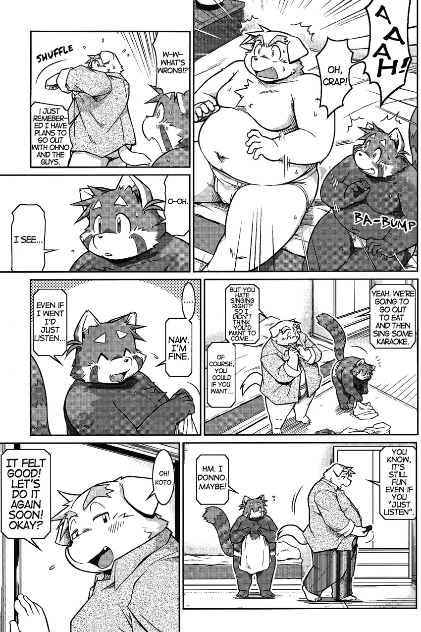 chubby comic dog english_text futaba_kotobuki greyscale male mammal monochrome namihira_kousuke red_panda takaki_takashi text underwear