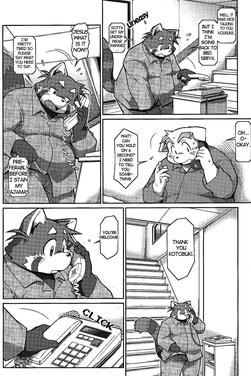 chubby comic dog duo english_text futaba_kotobuki greyscale male mammal monochrome namihira_kousuke phone red_panda takaki_takashi text