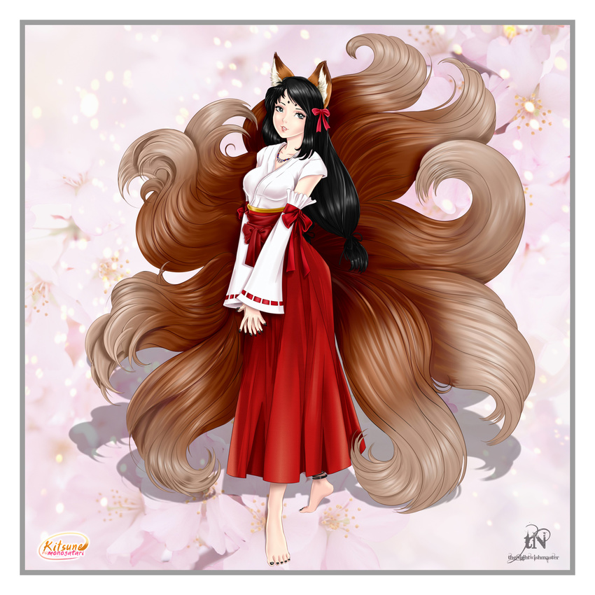 animal_ears anklet black_hair blue_eyes bow brown_fur canine clothed clothing female fox fox_ears foxgirl fur hair hi_res hindpaw human lips long_hair looking_at_viewer mammal multiple_tails nails necklace paws solo standing thenightwishmaster white_fur