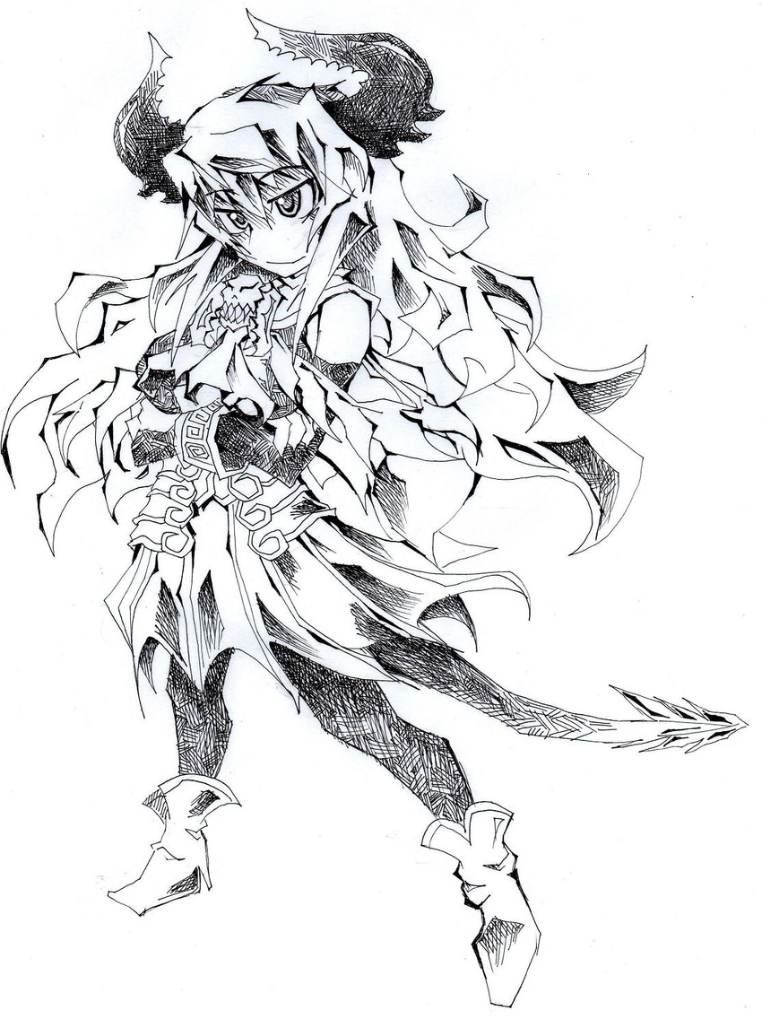 ankle_boots armor armored_dress bare_shoulders boots breasts crossed_arms demon_girl demon_horns demon_tail elbow_gloves full_body gloves highres horns large_breasts long_hair maou_beluzel monochrome pantyhose skirt smile solo sunagimo_(umeshu_ume) tail yuusha_to_maou