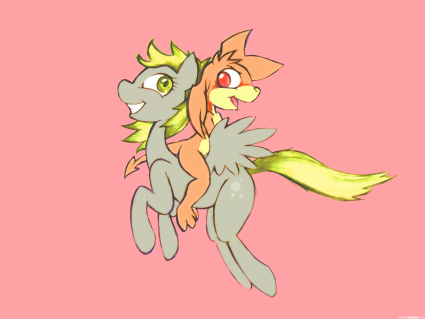 cutie_mark darkdoomer derpy_hooves_(mlp) duo equine female friendship_is_magic fur grey_fur hair happy horse mammal mokvwap my_little_pony open_mouth patachu pegasus plain_background pony red_eyes riding tails teeth wings yellow_eyes