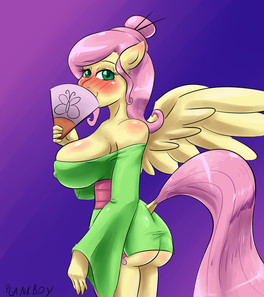 anthro anthrofied big_breasts blue_eyes blush breasts butt chopsticks cleavage clothed clothing cutie_mark equine fan female fluttershy_(mlp) friendship_is_magic geisha horse looking_at_viewer mammal my_little_pony nipples pegasus plankboy pony sock_bun solo standing wings
