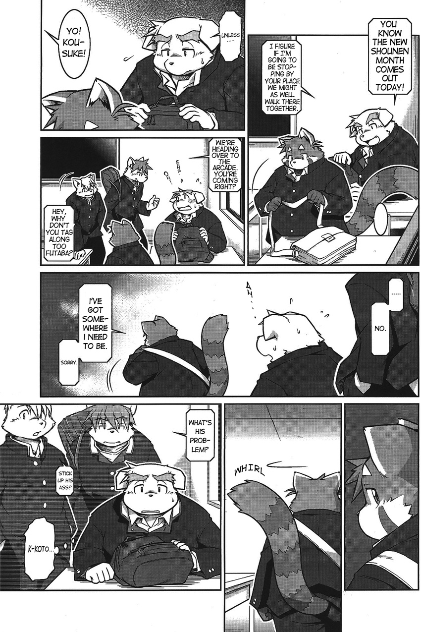chubby comic dog english_text futaba_kotobuki greyscale male mammal monochrome namihira_kousuke red_panda takaki_takashi text