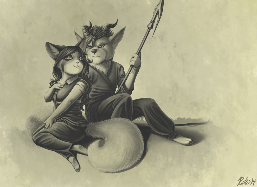 angry canine cat clothed clothing feline female fox horn hybrid kirai looking_at_viewer male mammal monochrome polearm ratte sepia smile spear stripes unknown_species weapon wolf yukikiba
