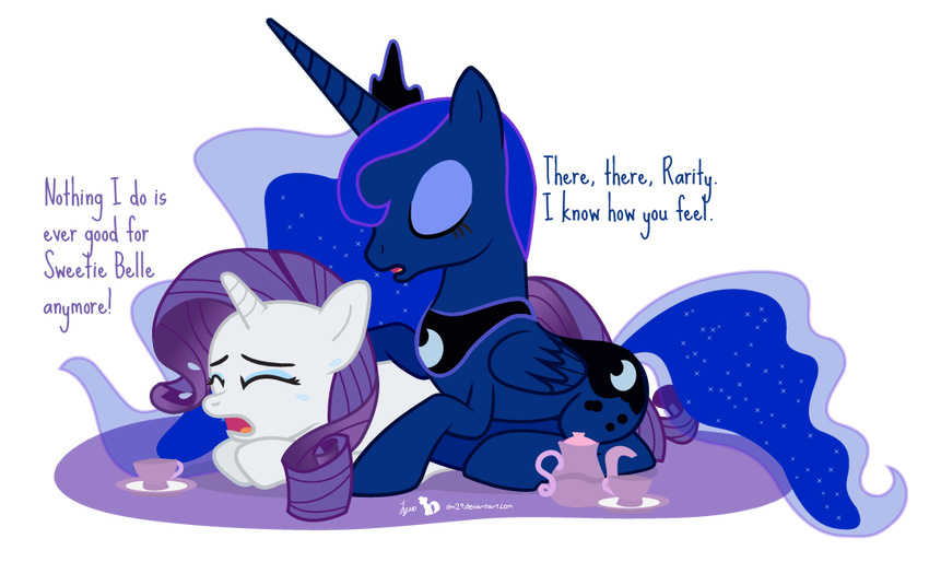 alpha_channel blue_hair comforting crown crying cup dialog dm29 duo english_text equine eyes_closed eyeshadow female friendship_is_magic hair horn horse hug makeup mammal moon my_little_pony necklace plain_background pony princess_luna_(mlp) purple_hair rarity_(mlp) saucer sparkles tea_cup tea_pot tears text transparent_background unicorn upset winged_unicorn wings