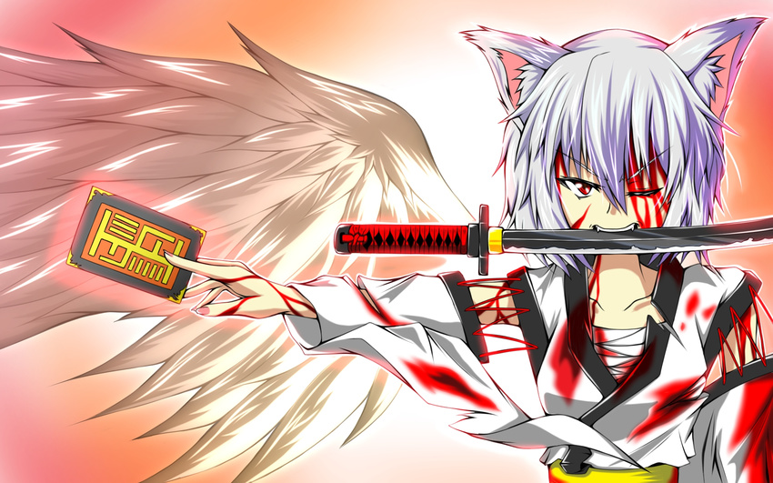 alternate_costume angry animal_ears bare_shoulders blood breasts card detached_sleeves ginshu_(millervino) highres injury inubashiri_momiji katana looking_at_viewer medium_breasts mouth_hold one_eye_closed red_eyes sarashi short_hair silver_hair single_wing solo spell_card sword touhou weapon wings wolf_ears
