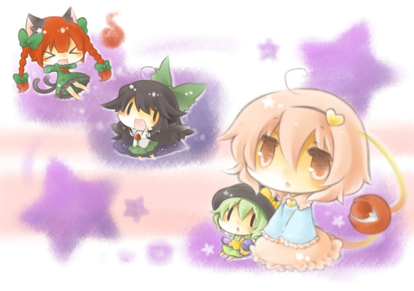 &gt;_&lt; animal_ears black_hair black_wings blush bow braid cape cat_ears cat_tail chibi closed_eyes fire green_hair hair_bow hairband hat heart highres kaenbyou_rin komeiji_koishi komeiji_satori long_hair minigirl multiple_girls multiple_tails open_mouth pink_eyes pink_hair red_hair reiuji_utsuho ribbon short_hair sitting smile star tail third_eye touhou wings yasiro |_|