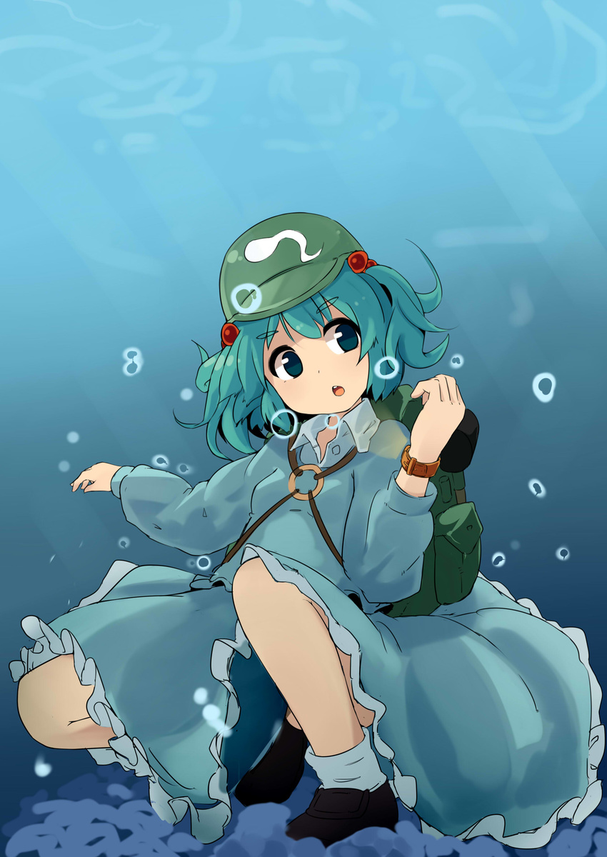absurdres backpack bag blue_hair bracelet bubble dress hair_bobbles hair_ornament hands_up hat highres jewelry kawashiro_nitori key legs light_rays long_sleeves omotin open_mouth pocket shirt shoes short_hair skirt skirt_set smile socks solo sunbeam sunlight touhou two_side_up underwater watch wet wet_clothes wristwatch
