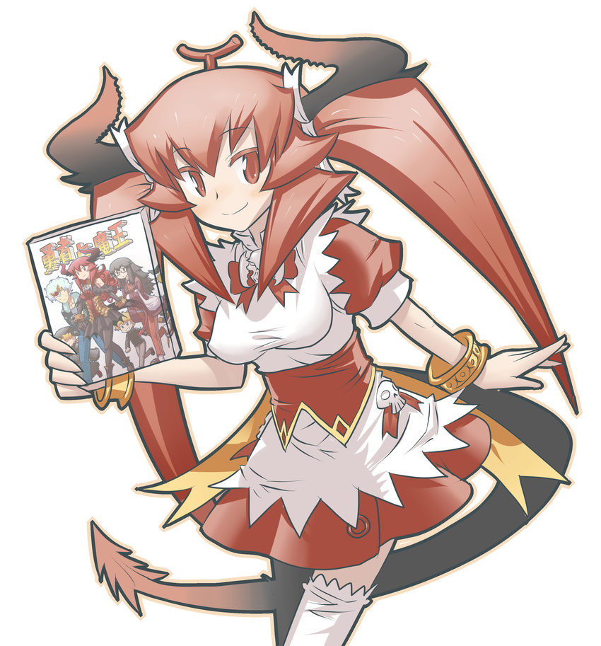 absurdres alternate_costume alternate_hairstyle blush book_focus bracelet breasts demon_girl demon_horns demon_tail hair_ornament highres horns jewelry long_hair manga_(object) maou_beluzel matsuda_yuusuke medium_breasts red_eyes red_hair sidelocks smile solo tail thighhighs twintails waitress white_legwear yuusha_to_maou