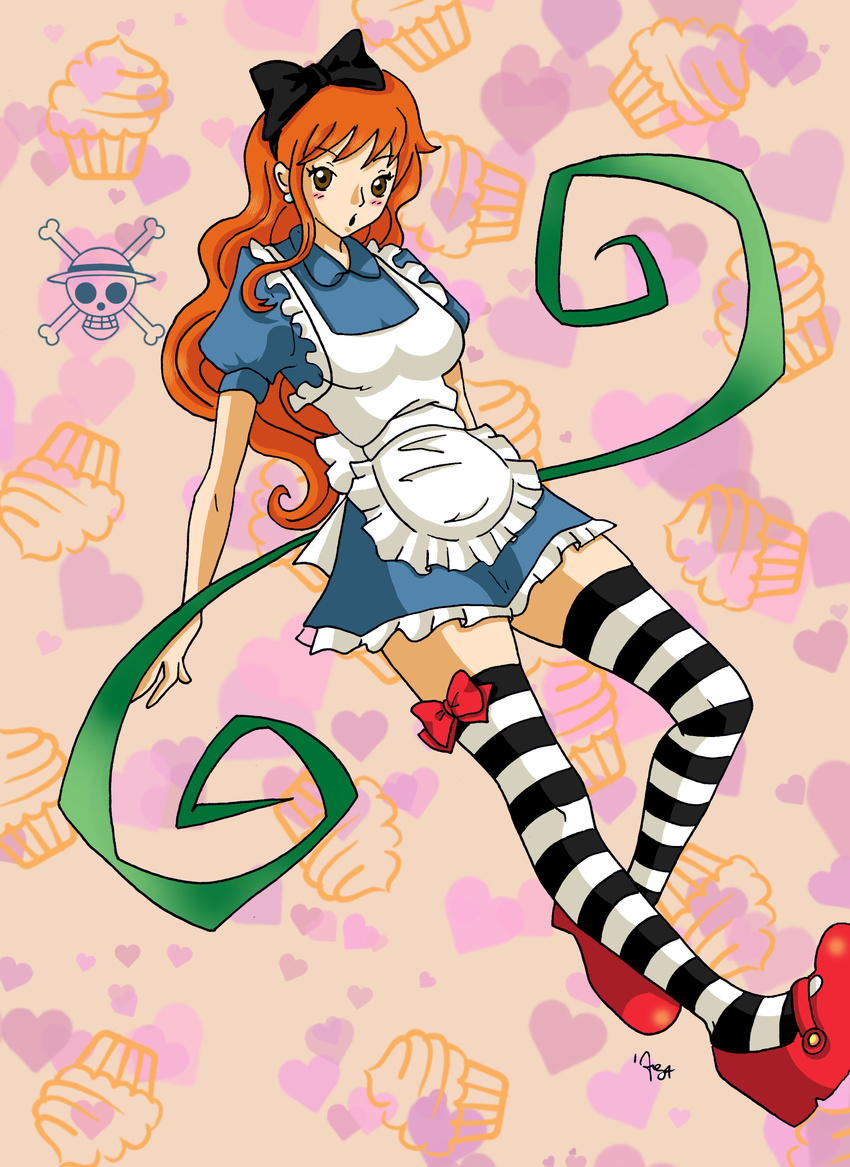 1girl alternate_costume apron blush breasts female highres long_hair medium_breasts nami nami_(one_piece) one_piece open_mouth orange_hair shoes skirt solo tatto thighhighs