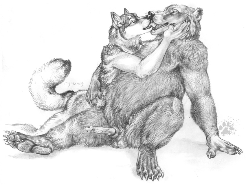 bear blotch canine digitigrade english_text erection eye_contact fur gay grey_fur hindpaw interspecies male mammal monochrome nude paws penis plain_background plantigrade sitting sketch soles text white_background wolf