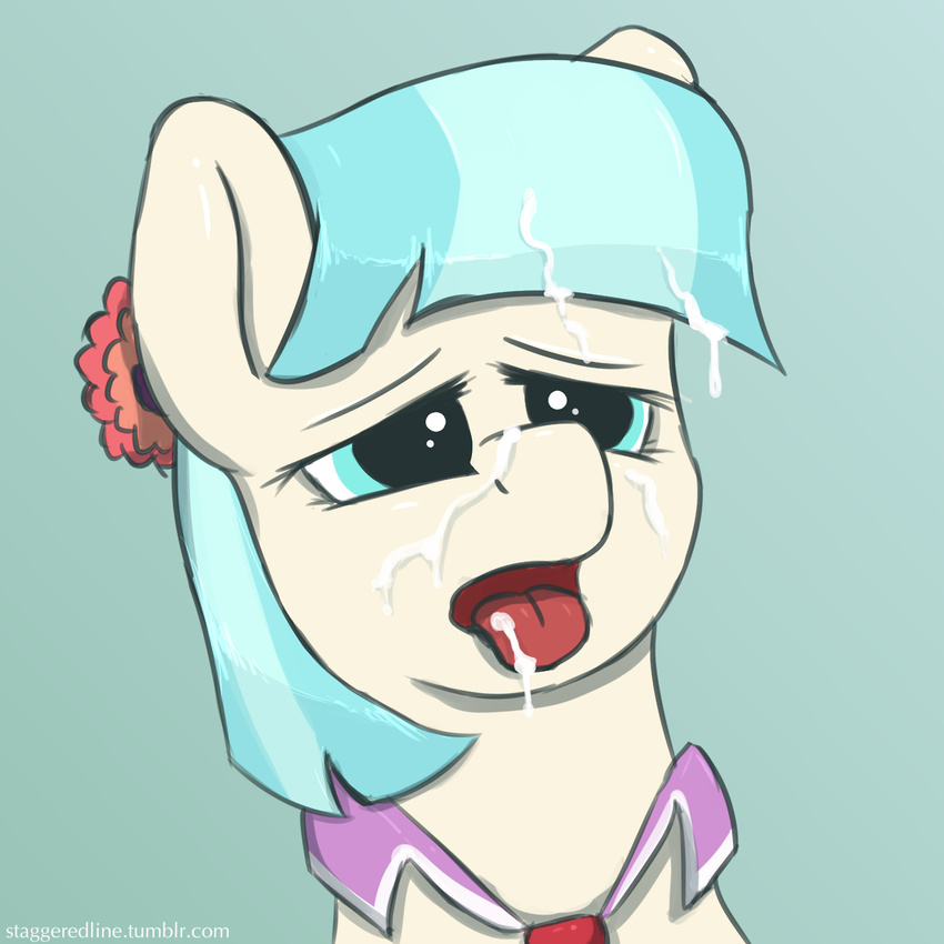 blue_eyes blue_hair coco_pommel_(mlp) cum cum_on_face equine female friendship_is_magic fur hair horse mammal my_little_pony open_mouth pony simple_background solo staggeredline tongue tongue_out two_tone_hair white_fur
