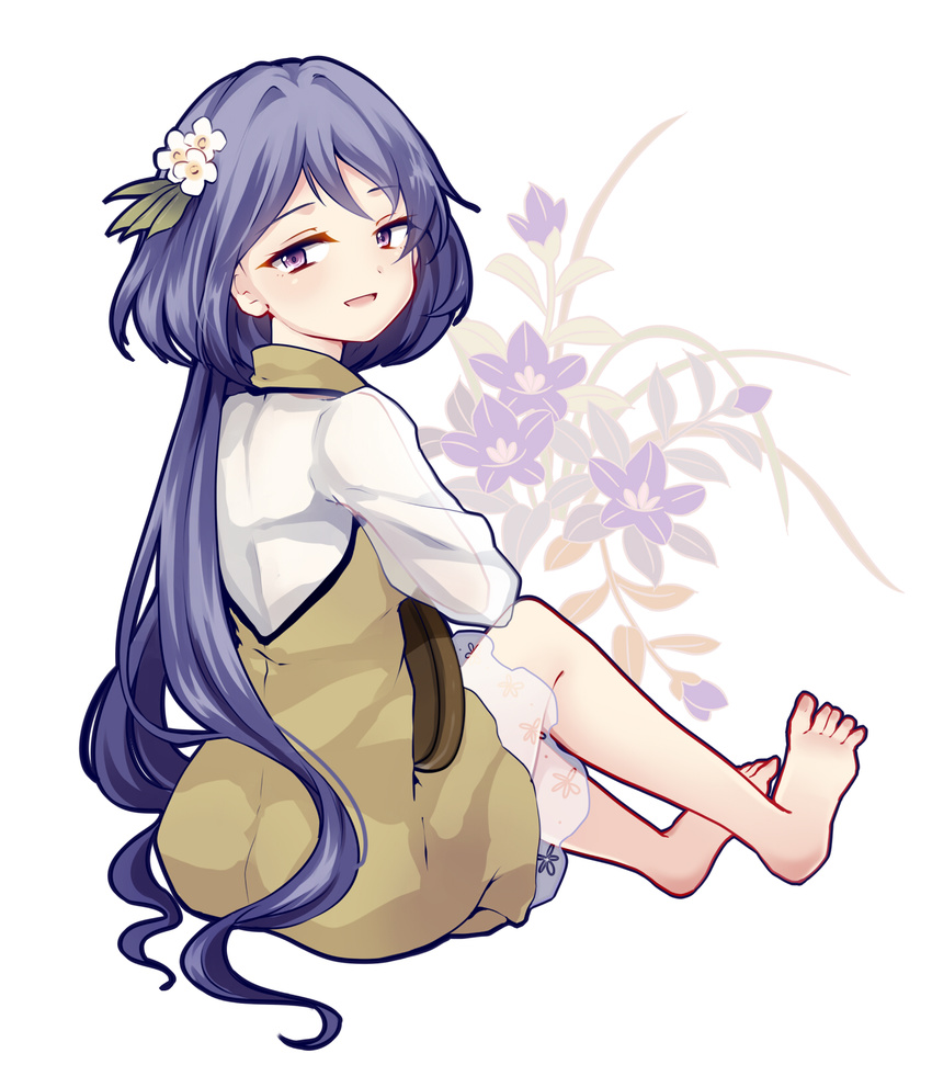 barefoot blue_hair dress floral_background flower from_behind full_body hair_flower hair_ornament highres knees_up layered_dress looking_at_viewer looking_back open_mouth ponytail purple_eyes see-through short_hair sitting solo toenails touhou tsukumo_benben uranaishi_(miraura) violet_(flower) white_background