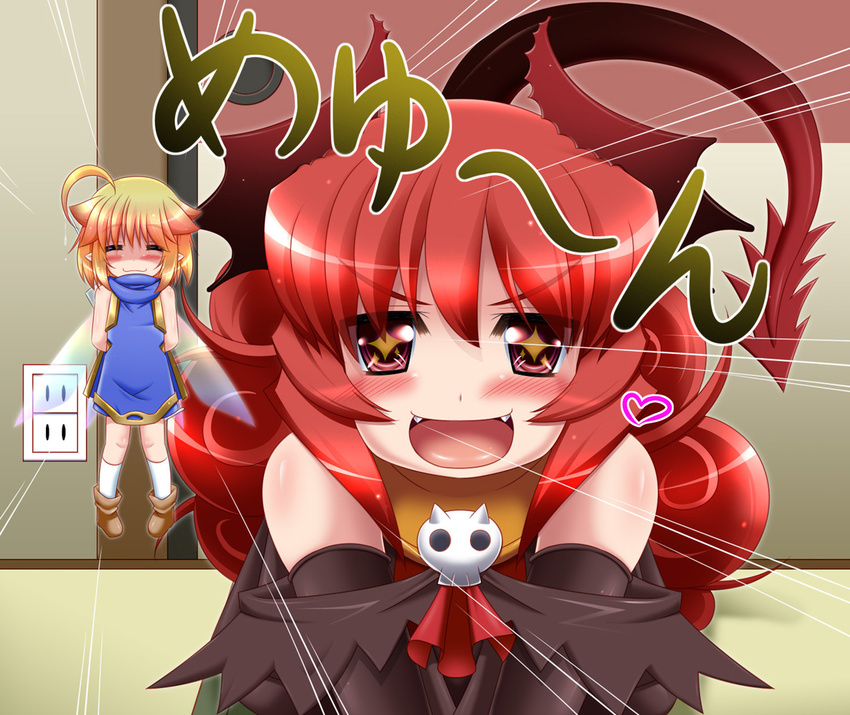 2girls ahoge blonde_hair blush borrowed_character crossover demon_girl demon_horns demon_tail elbow_gloves emphasis_lines fairy fairy_wings fangs flat_chest gloves horns long_hair maou_beluzel meyuu_(kso) minigirl miso_panda multiple_girls open_mouth original pigeon-toed pointy_ears red_eyes red_hair smile socks tail v_arms wings yuusha_to_maou