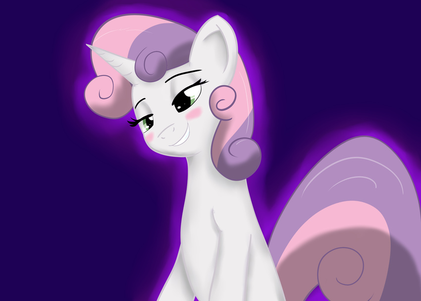 blush cub equine eyelashes female feral friendship_is_magic fur green_eyes hair half-closed_eyes horn horse lordzid mammal my_little_pony pony purple_background smile solo sweetie_belle_(mlp) two_tone_hair unicorn white_fur young