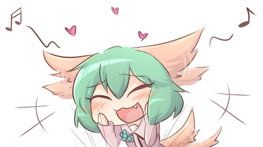 1girl :3 :d animal_ears beamed_sixteenth_notes blush closed_eyes commentary ear_wiggle eighth_note eyebrows_visible_through_hair fang green_hair hand_on_own_cheek hand_on_own_face heart kasodani_kyouko musical_note open_mouth simple_background smile solo tail tail_wagging touhou white_background wool_(miwol)