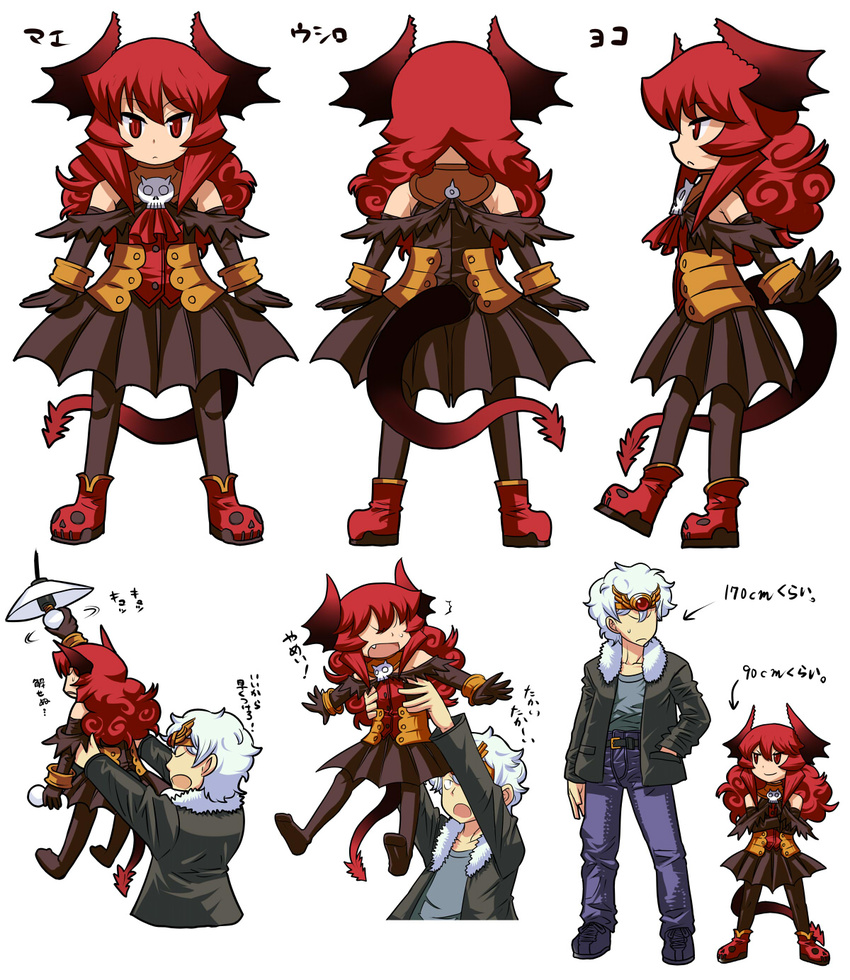1girl age_regression ankle_boots black_hair boots character_sheet child demon_girl demon_horns demon_tail elbow_gloves fang gloves height_difference highres horns lifting_person light_bulb maou_beluzel matsuda_yuusuke pantyhose red_eyes red_hair short_hair sweatdrop tail tiara translation_request white_hair younger yuusha_masatoshi yuusha_to_maou