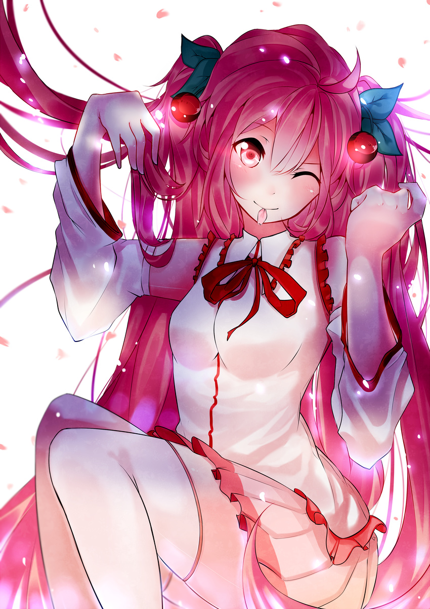 absurdres detached_sleeves gus_yoga hatsune_miku highres long_hair mouth_hold necktie one_eye_closed petals pink_eyes pink_hair sakura_miku sitting skirt smile solo thighhighs twintails very_long_hair vocaloid