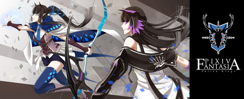 2girls blue_eyes boots bow_(weapon) brown_hair cape cross_akiha elbow_gloves feathers gloves long_hair pixiv_fantasia pointed_ears ponytail purple_eyes ribbons shorts thighhighs tie weapon