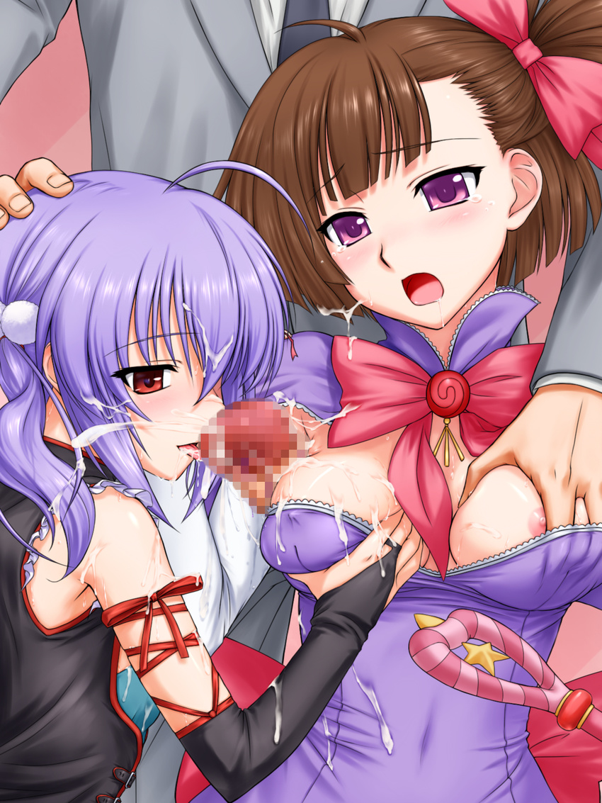 2girls armpit_sex armpits breasts brown_hair censored cum cum_in_mouth cum_on_body cum_on_breasts cum_on_clothes cum_on_tongue cum_on_upper_body facial hand_on_head licking multiple_girls oral penis purple_hair saliva staff sweat tongue tongue_out