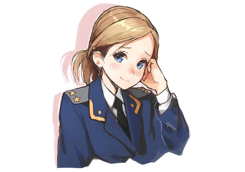 blonde_hair blue_eyes blush chin_rest earrings efmoe jewelry looking_at_viewer military military_uniform natalia_poklonskaya necktie real_life short_hair solo uniform