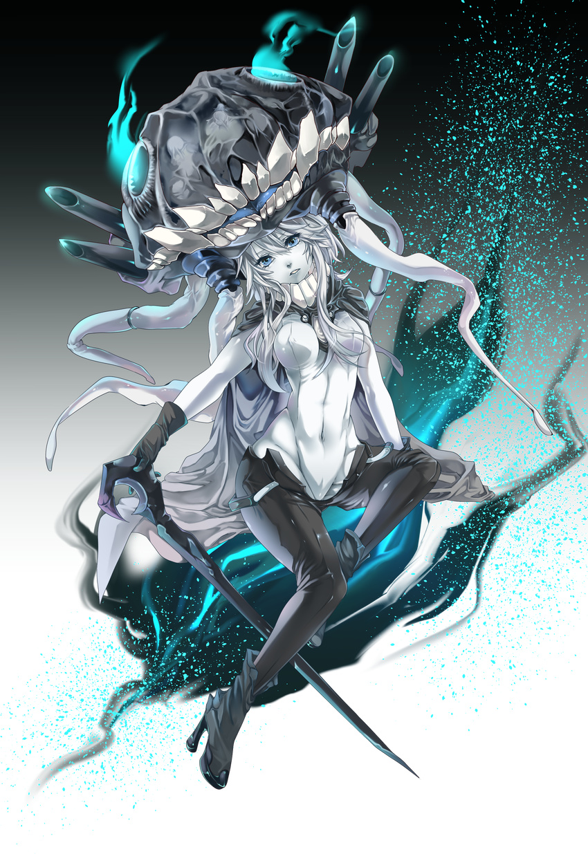 absurdres ankle_boots aqua_eyes bodysuit boots cane cannon cape gloves groin hat highres kantai_collection mouth navel open_mouth pale_skin rathke shinkaisei-kan short_hair silver_hair solo teeth tongue turret veins weapon wo-class_aircraft_carrier