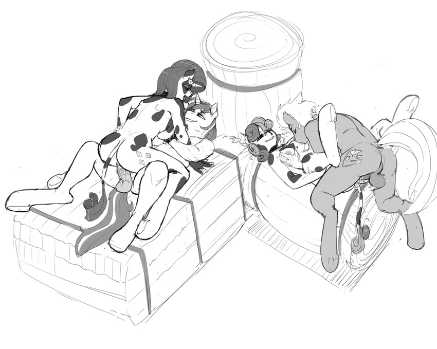 anthro anthrofied balls bovine breasts butt cattle cum cutie_mark equine female friendship_is_magic greyscale group hay horn horse kevinsano lactating legs_up lying male mammal milk monochrome my_little_pony on_back penis raricow_(mlp) rarity_(mlp) sex smile spread_legs spreading straight sucking sweetie_belle_(mlp) unicorn