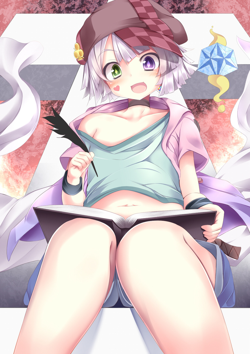 :d androgynous book cabbie_hat commentary_request diamond_(shape) feathers foreshortening green_eyes grey_hair hat heart heterochromia highres knees_together_feet_apart navel no_game_no_life off_shoulder open_mouth otoko_no_ko purple_eyes quill short_shorts shorts smile spade_(shape) sukage symbol-shaped_pupils teto_(no_game_no_life)