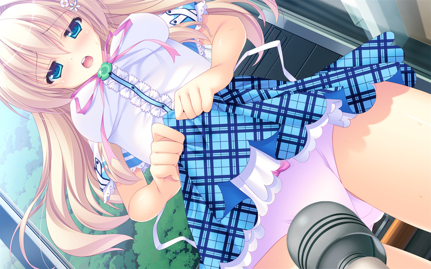 blonde_hair blue_eyes game_cg kazunari koisuru_shimai_no_sextet mihama_yuuka panties peassoft ribbons seifuku skirt skirt_lift underwear