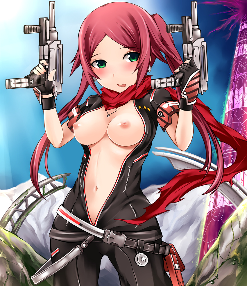 bad_id bad_pixiv_id blush breasts cleavage dual_wielding earrings extended_magazine fingerless_gloves gloves green_eyes gun highres holding jewelry looking_at_viewer medium_breasts navel necklace nipples no_bra ol_blink_(pso2) open_mouth phantasy_star phantasy_star_online_2 red_hair scarf smile solo twintails unzipped vertical_foregrip weapon yoshimo