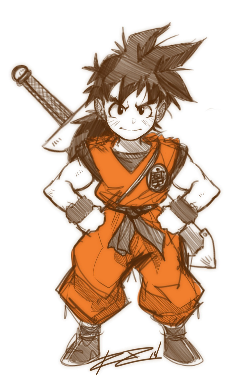 ankle_boots black_hair boots dougi dragon_ball dragon_ball_z hands_on_hips highres male_focus md5_mismatch over_shoulder robert_porter sheath sheathed solo son_gohan spiked_hair sword sword_over_shoulder weapon weapon_over_shoulder wristband