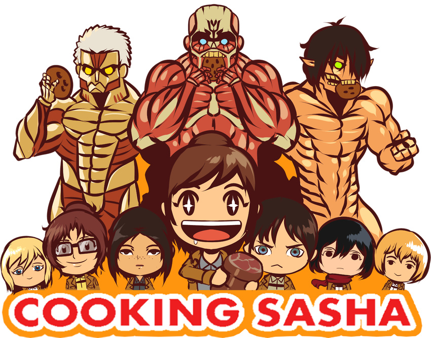 +_+ :&gt; :&lt; armin_arlert armored_titan artist_request black_hair blonde_hair blue_eyes brown_hair character_request christa_renz colossal_titan cookie cooking_mama eren_yeager food hange_zoe meat mikasa_ackerman parody rogue_titan sasha_braus scarf shingeki_no_kyojin shwig sunglasses ymir_(shingeki_no_kyojin)