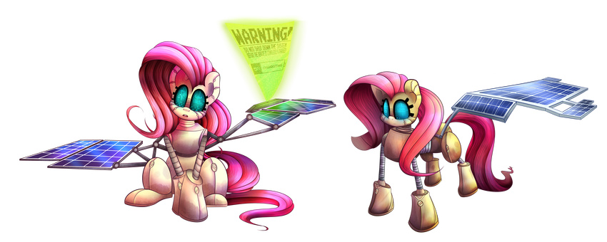 blue_eyes cyborg english_text extradan flutterbot fluttershy_(mlp) friendship_is_magic hair hi_res hologram invalid_tag mane my_little_pony pink_hair solar_panels solo text