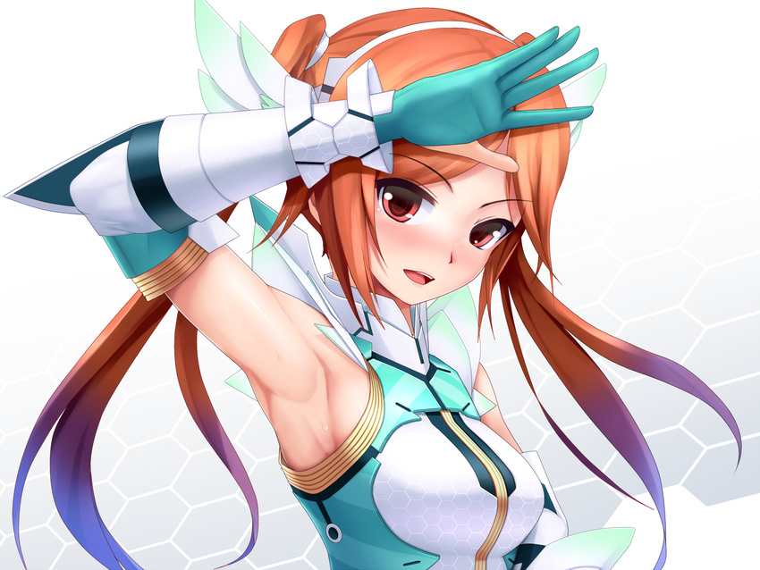 aqua_gloves arm_up armpits blush elbow_gloves eto eyebrows_visible_through_hair gloves hex_grid long_hair looking_at_viewer open_mouth orange_hair phantasy_star phantasy_star_online_2 quna_(pso2) red_eyes solo sweat twintails upper_body