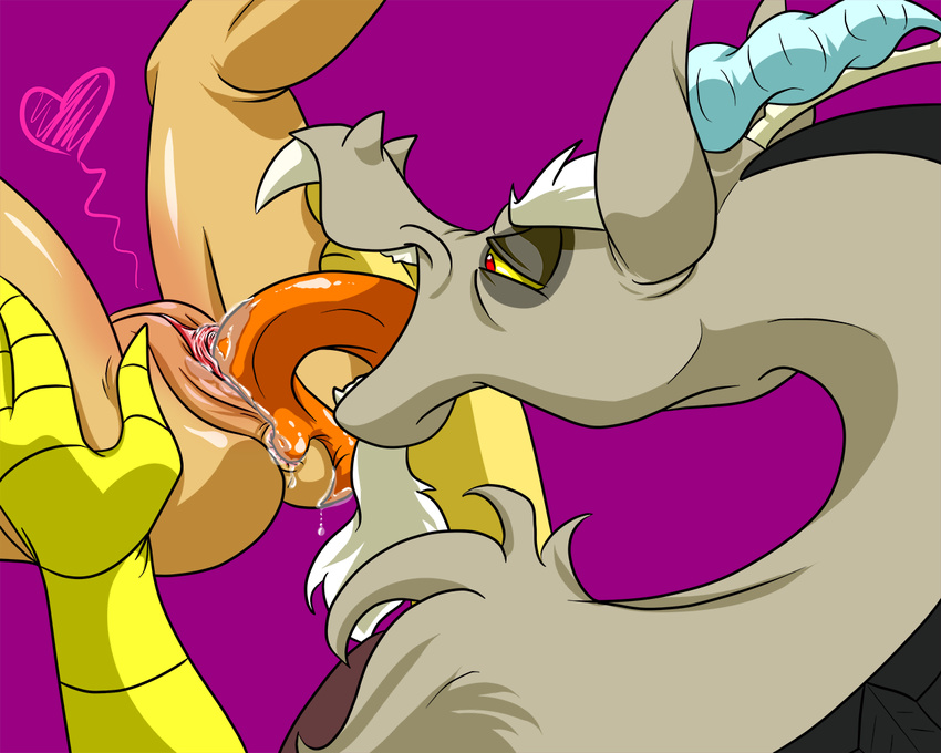&lt;3 anthro antler antlers butt darthglacier discord_(mlp) draconequus dragon drooling duo female friendship_is_magic fur hand_on_butt hi_res horn licking looking_down male my_little_pony nude open_mouth pussy raised_leg saliva sharp_teeth squint straight teeth tongue tongue_out
