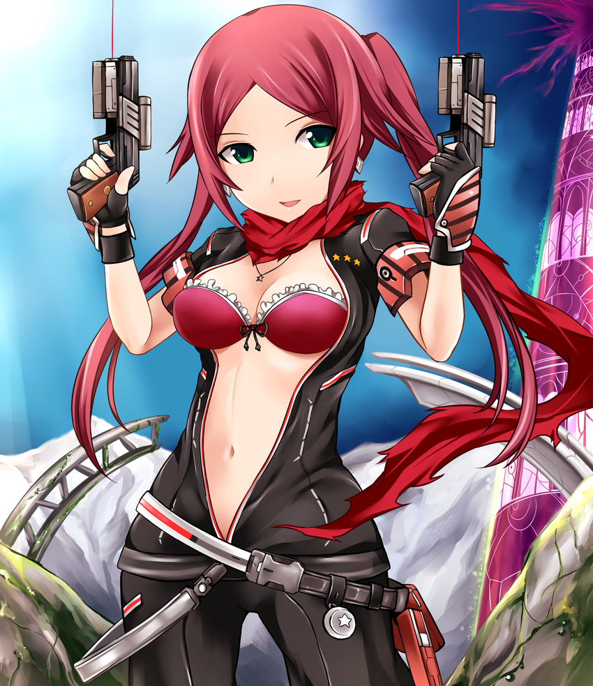 bad_id bad_pixiv_id bow bow_bra bra breasts cleavage dual_wielding green_eyes gun highres holding looking_at_viewer medium_breasts navel ol_blink_(pso2) phantasy_star phantasy_star_online_2 red_bra red_hair scarf smile solo twintails underwear unzipped weapon yoshimo