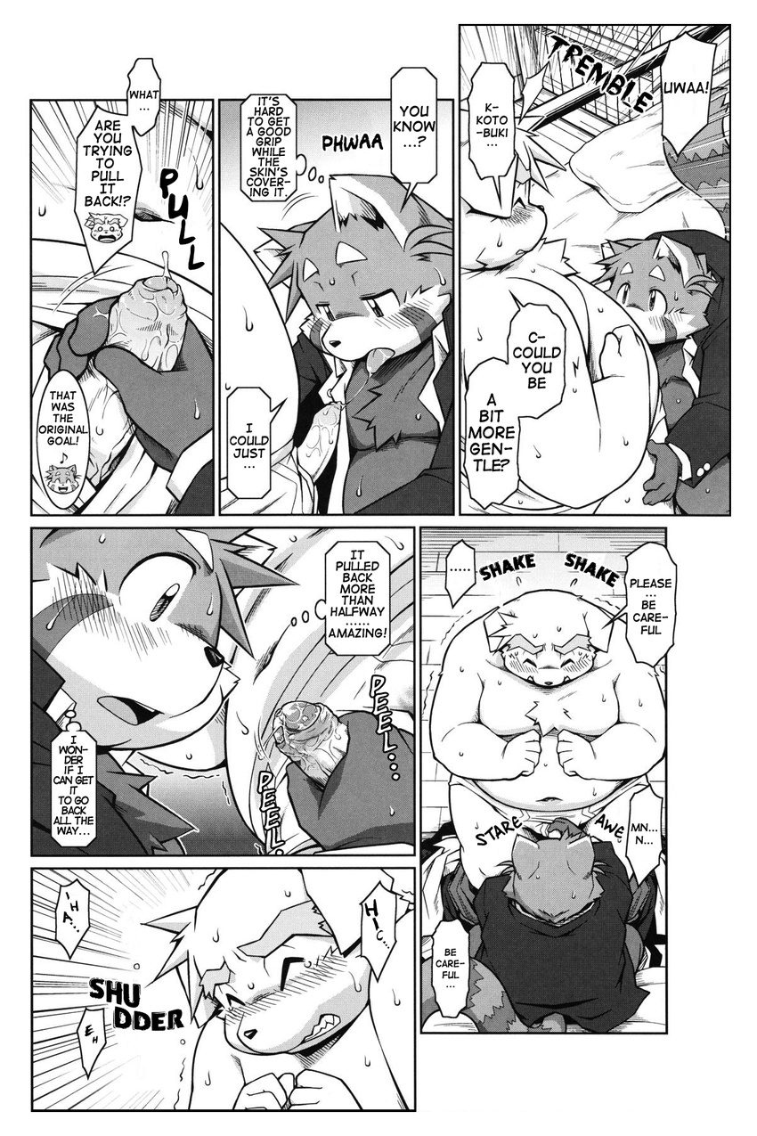 chubby comic dog english_text fellatio futaba_kotobuki gay greyscale handjob male mammal monochrome namihira_kousuke oral oral_sex penis phimosis red_panda sex takaki_takashi text