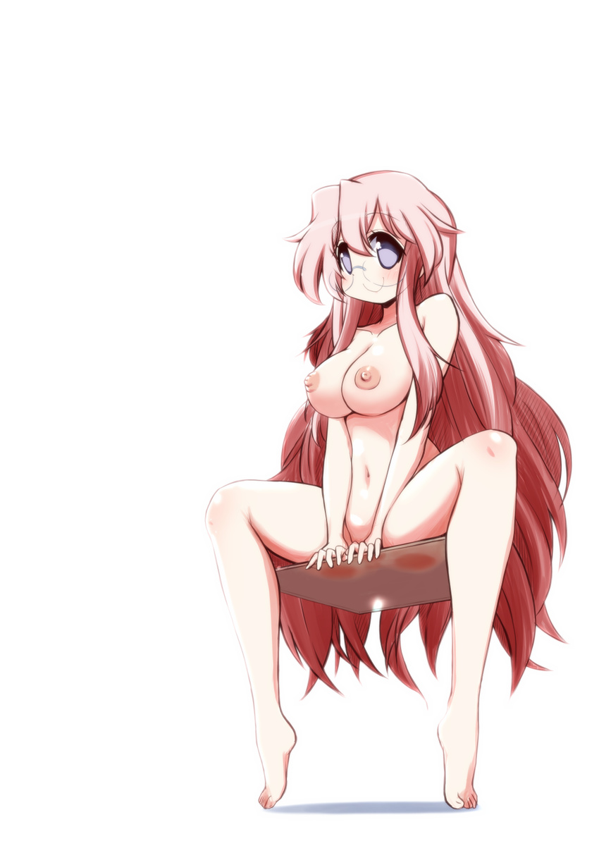 ass_on_glass bad_id bad_pixiv_id blush breasts glasses highres large_breasts long_hair looking_at_viewer lucky_star mizushima_(p201112) navel nipples nude pink_hair purple_eyes simple_background sitting smile solo spread_legs takara_miyuki tiptoes very_long_hair white_background