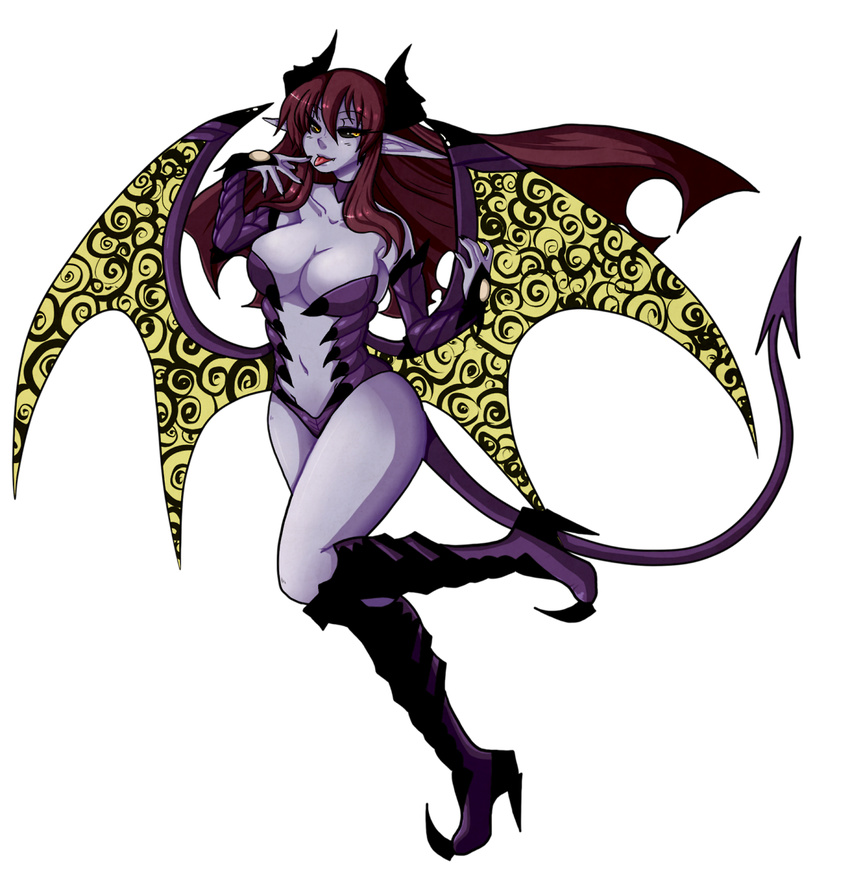 1girl :p bare_shoulders black_sclera boots breasts bridal_gauntlets center_opening choker cleavage demon_girl demon_horns demon_tail demon_wings fearless_night hell_princess high_heels highres horns knee_boots large_breasts long_hair navel pointy_ears pride-kun purple_skin red_hair tail tongue tongue_out wings yellow_eyes