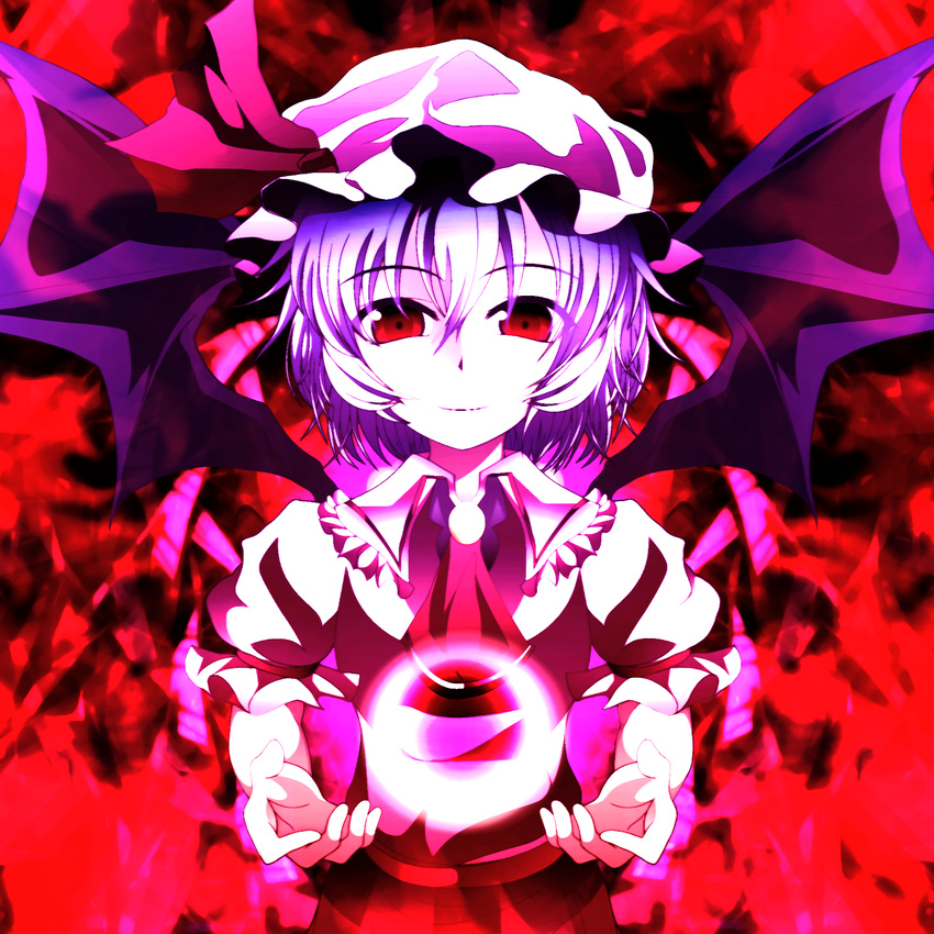ascot bat_wings bow colorful hat hat_bow highres kotaroukuroo lavender_hair looking_at_viewer mob_cap puffy_sleeves red red_eyes remilia_scarlet shirt short_sleeves smile solo touhou wings