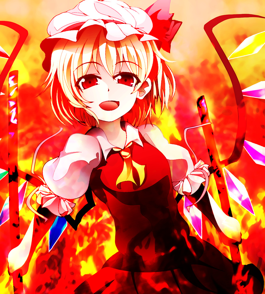 ascot blonde_hair bow flandre_scarlet hat hat_bow highres kotaroukuroo mob_cap open_mouth puffy_sleeves red_eyes shirt short_sleeves skirt skirt_set solo touhou wings
