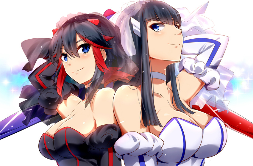 arm_behind_head bare_shoulders black_hair blue_eyes breasts cleavage collarbone detached_sleeves dress highres kill_la_kill kiryuuin_satsuki large_breasts looking_at_viewer matoi_ryuuko multicolored_hair multiple_girls pose scissor_blade smile strapless strapless_dress streaked_hair umakatsuhai upper_body veil