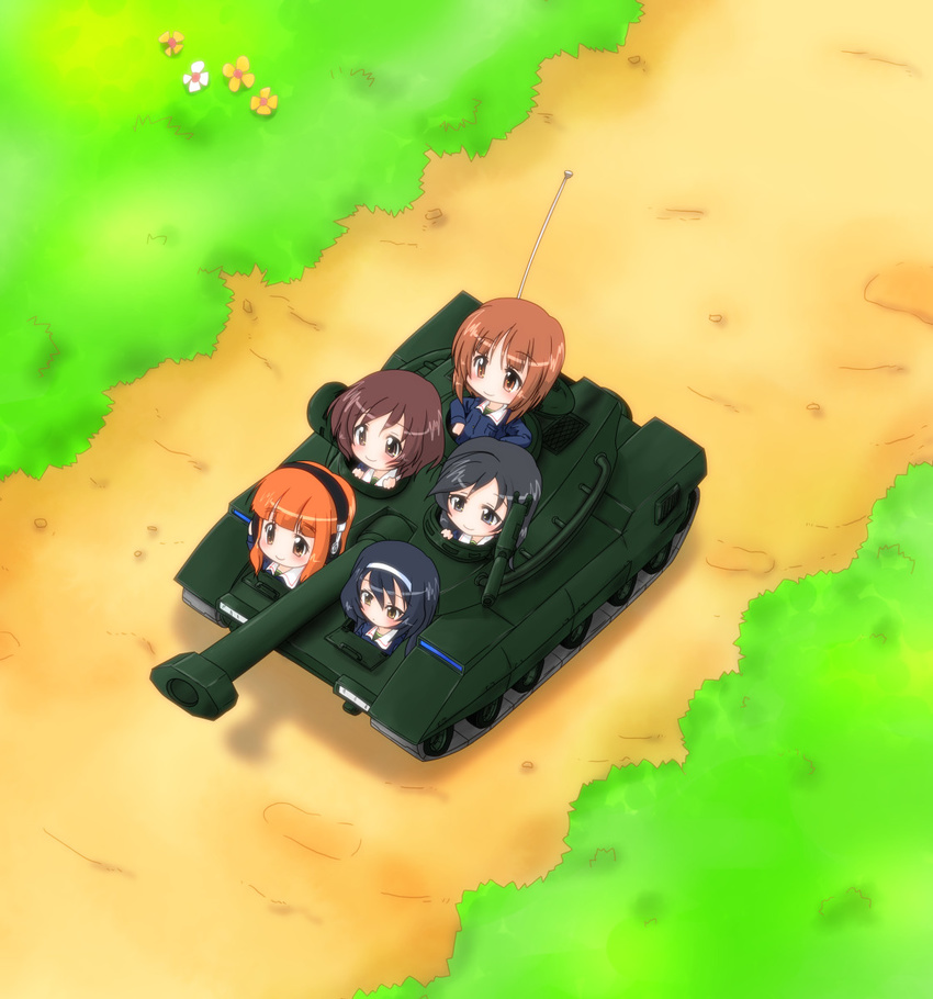 akiyama_yukari aniki-fx black_hair brown_eyes brown_hair chibi day enter_enter_mission! flower girls_und_panzer grass ground_vehicle gun hairband highres isuzu_hana long_hair machine_gun military military_vehicle motor_vehicle multiple_girls nishizumi_miho ooarai_military_uniform reizei_mako short_hair smile takebe_saori tank type_74 weapon