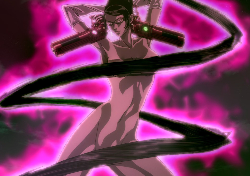 1girl bayonetta bayonetta:_bloody_fate bayonetta_(character) black_hair breasts glasses gun highres long_hair looking_at_viewer nude solo standing stitched weapon